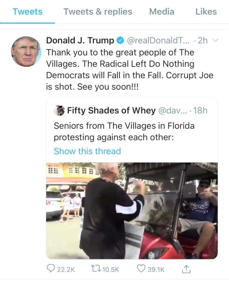 screenshot of Donald Trump's tweet that shares footage of a supporter screaming "white power"